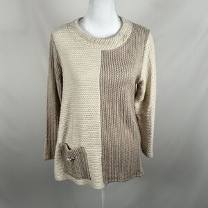 Grinns Chunky Knit Tan Ivory Sweater Top Long Sleeve Small Casual Pocket Button